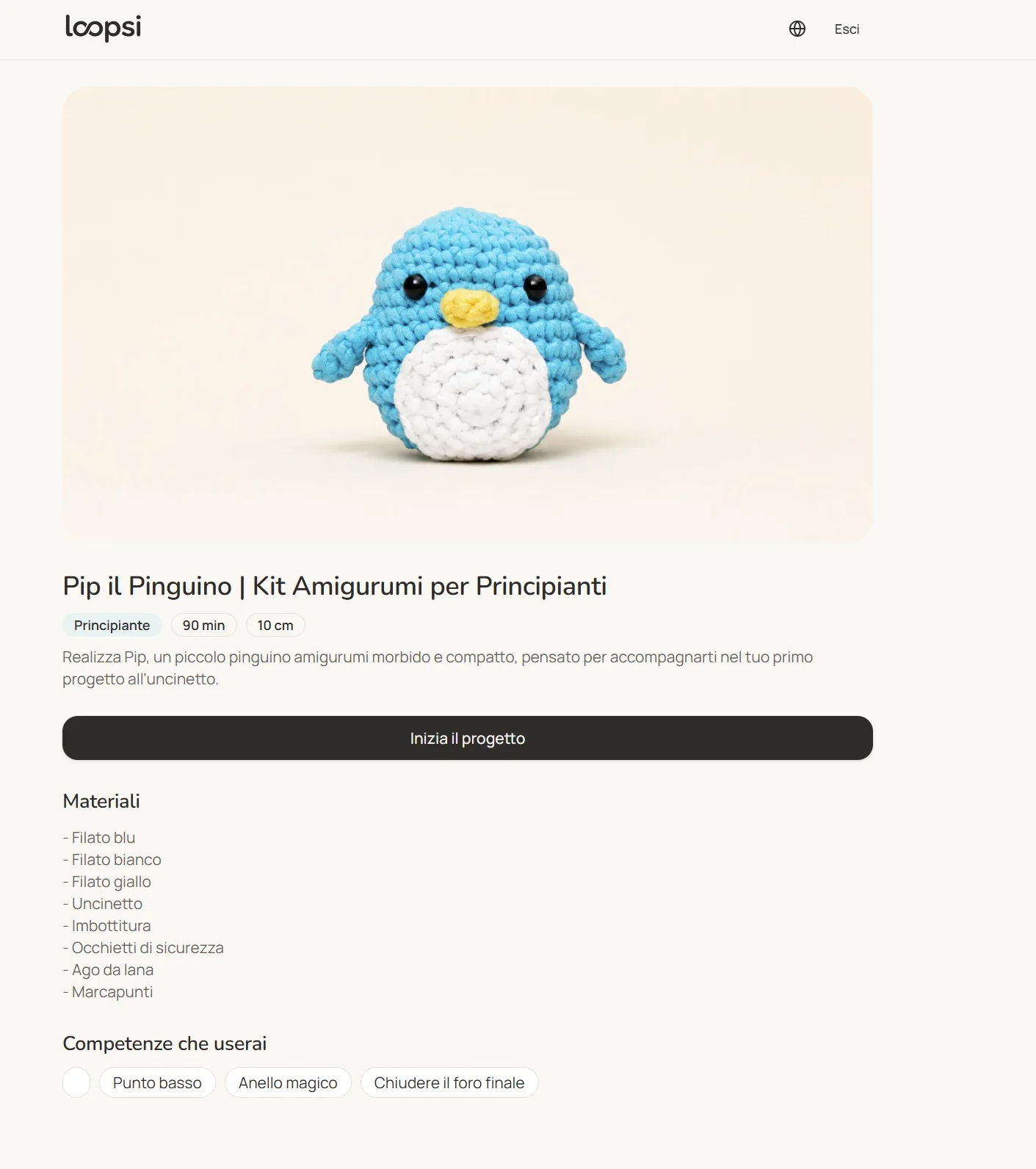 Scheda del progetto Pip il Pinguino nella piattaforma Loopsi