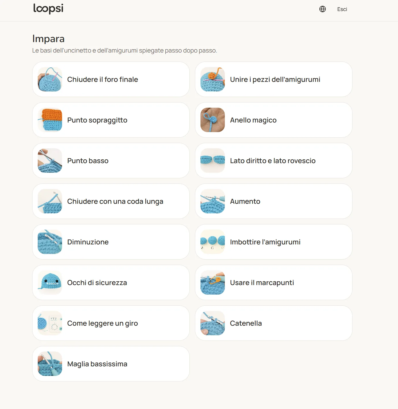 Tutorial di uncinetto disponibili nella piattaforma Loopsi