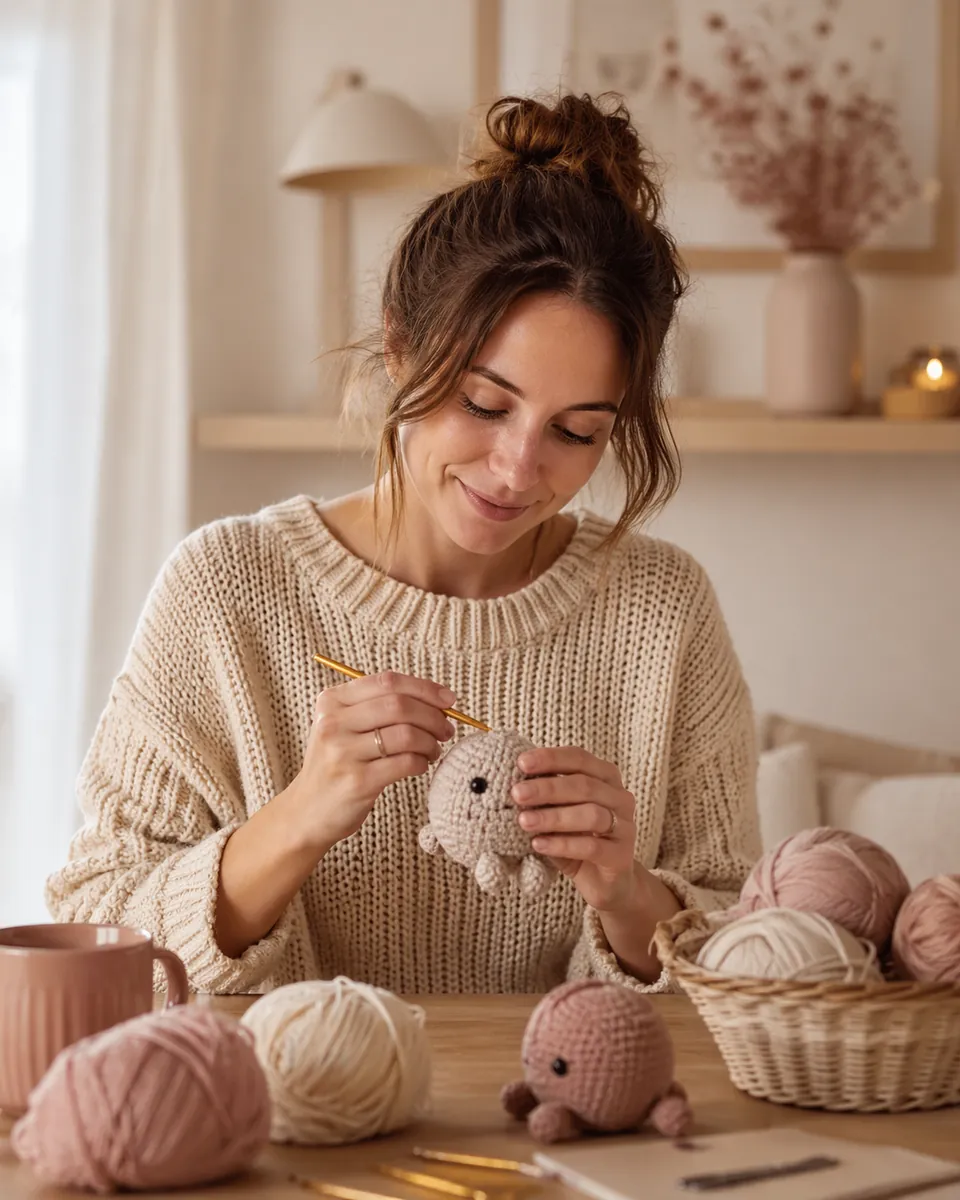 Fondatrice di Loopsi con materiali per amigurumi e uncinetto